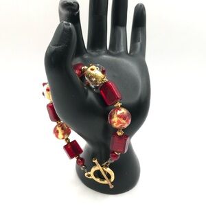 Elegant Red and Gold Art Glass Beaded Bracelet